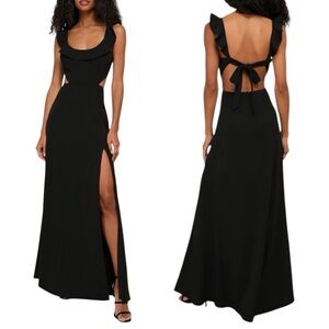 Lulus Captivating Charisma Black Ruffled Cutout Tie-Back Stretchy Maxi Dress